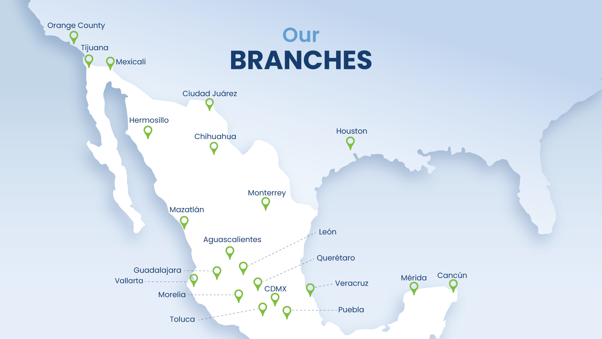 Map of Ingenes branches across Mexico and the United States: Orange County, Tijuana, Mexicali, Ciudad Juárez, Hermosillo, Chihuahua, Houston, Monterrey, Mazatlán, Aguascalientes, León, Guadalajara, Querétaro, Vallarta, Morelia, CDMX, Mérida, Veracruz, Toluca, Puebla, Cancún.