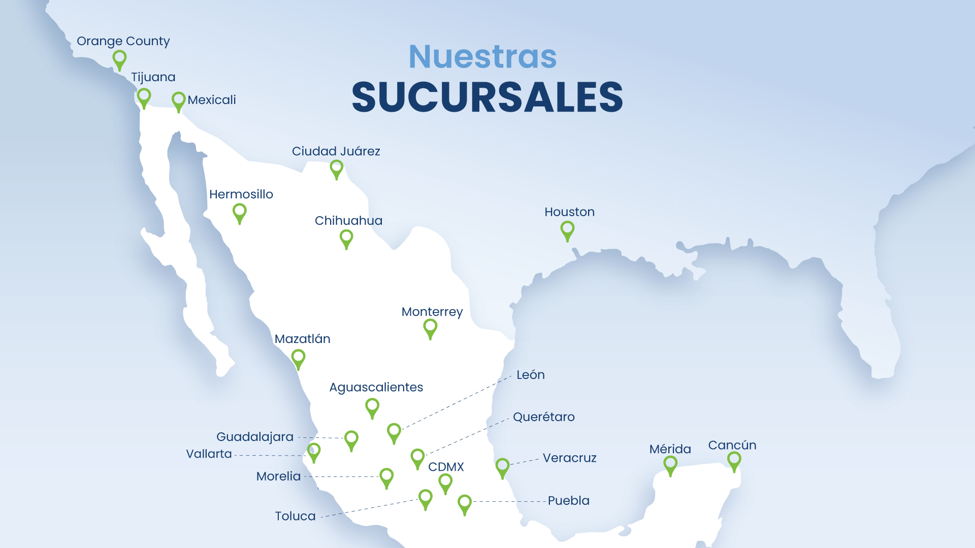 Mapa de las sucursales de Ingenes en México y Estados Unidos: Orange County, Tijuana, Mexicali, Ciudad Juárez, Hermosillo, Chihuahua, Houston, Monterrey, Mazatlán, Aguascalientes, León, Guadalajara, Querétaro, Vallarta, Morelia, CDMX, Mérida, Veracruz, Toluca, Puebla, Cancún.