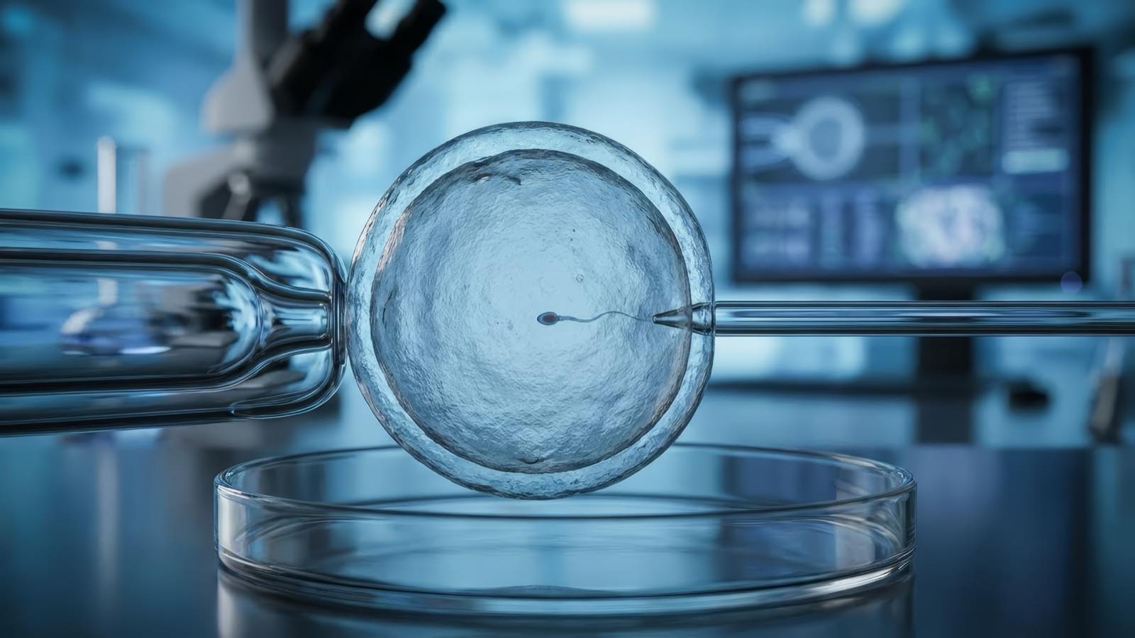 Ilustración de un espermatozoide inyectado en un óvulo con una micropipeta en un laboratorio de FIV