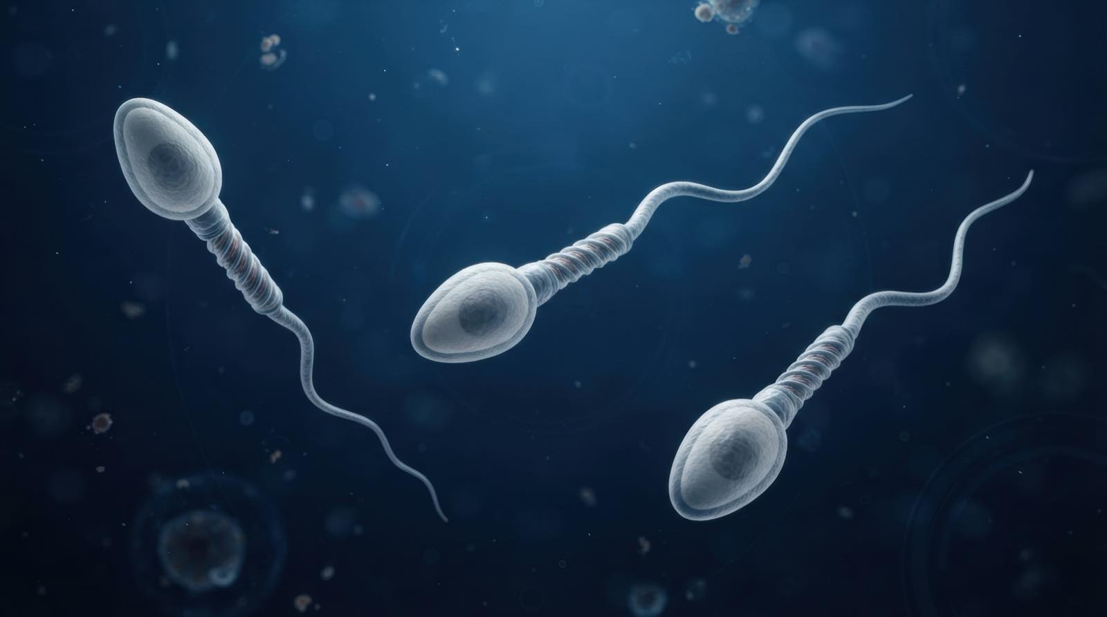 Illustration of sperm swimming against a dark blue background