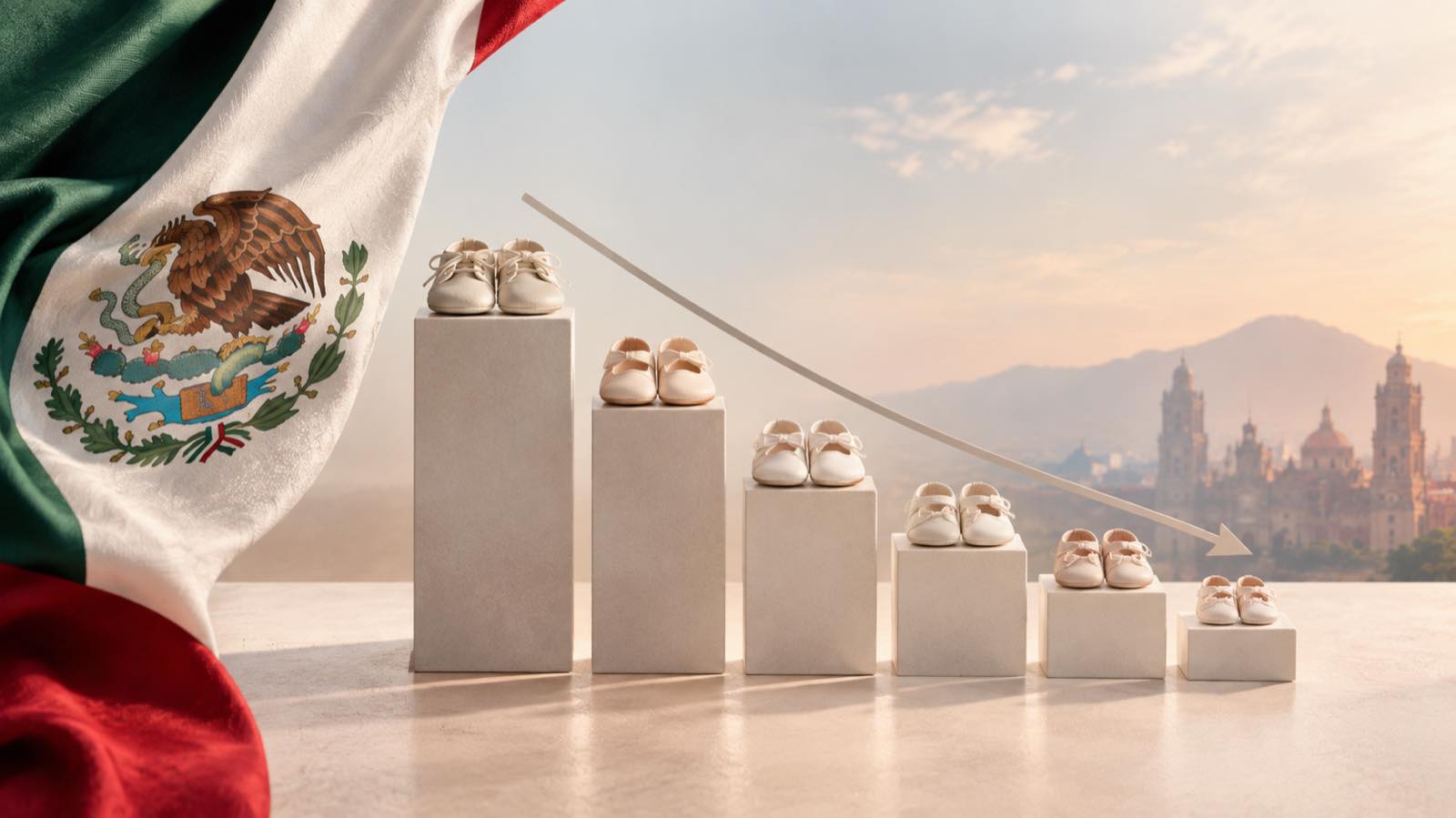 Gráfica descendente formada por zapatitos de bebé junto a la bandera de México