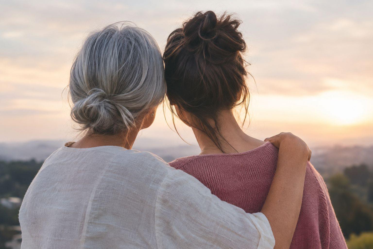 An older woman and her daughter embracing, seen from behind, looking at the sunset