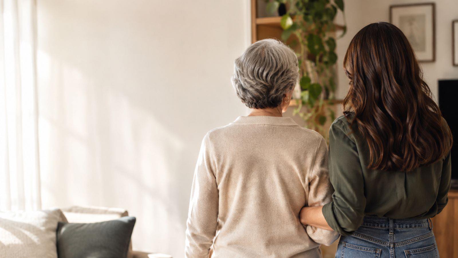 An older woman and her daughter, seen from behind, arm in arm in their living room