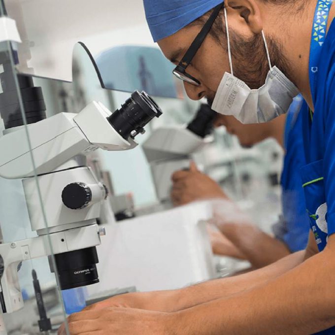 embryologist Ingenes performing fertilization in vitro in microscope in laboratory of assisted reproduction