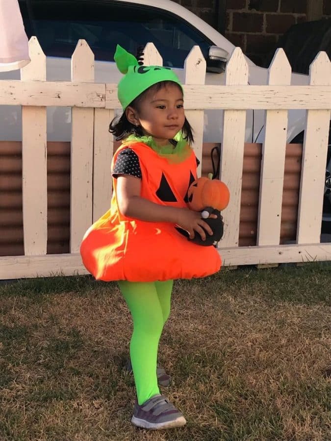 Cielo dressed as a pumpkin