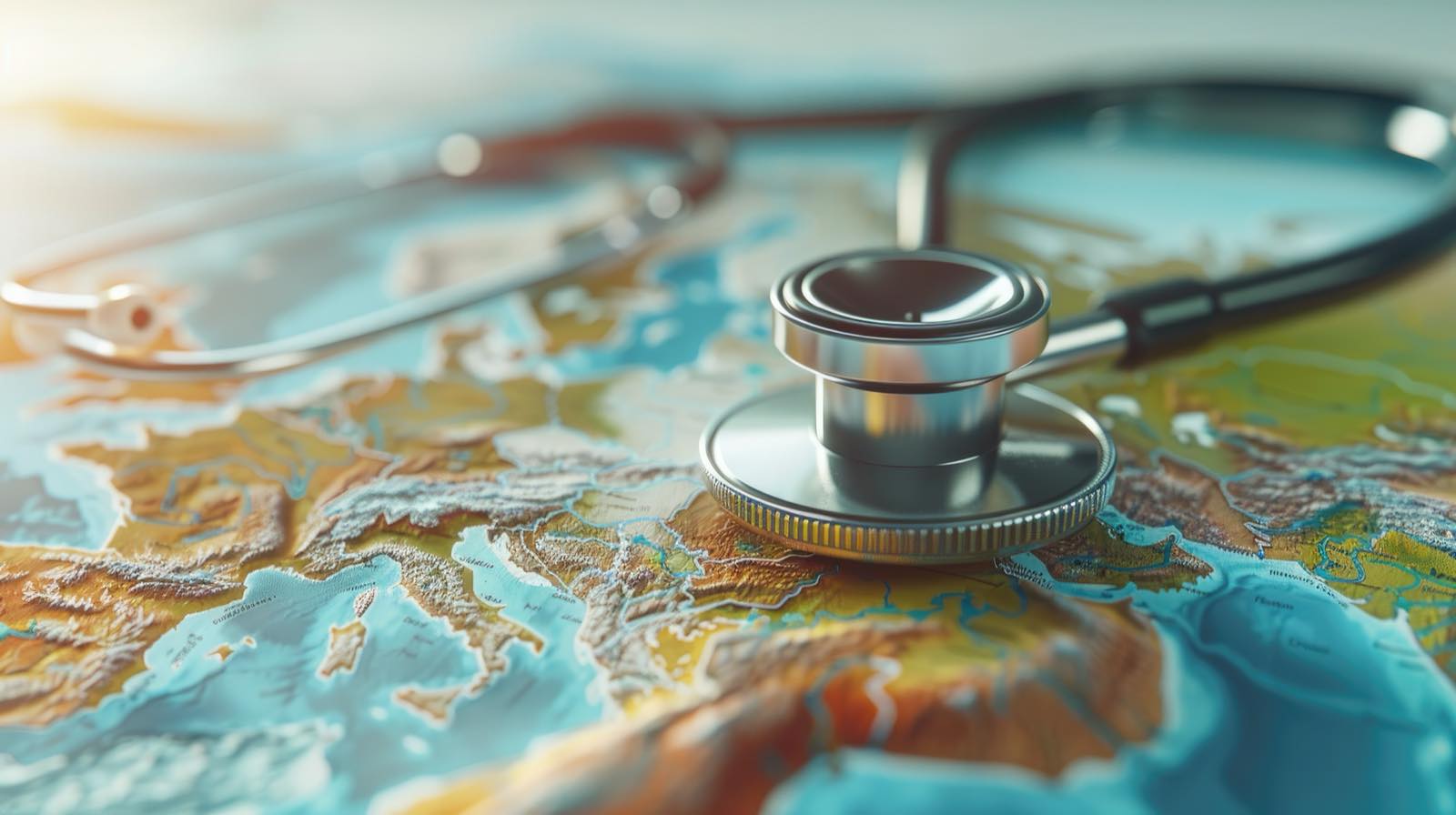 Estetoscopio sobre un mapa en relieve, símbolo del turismo médico