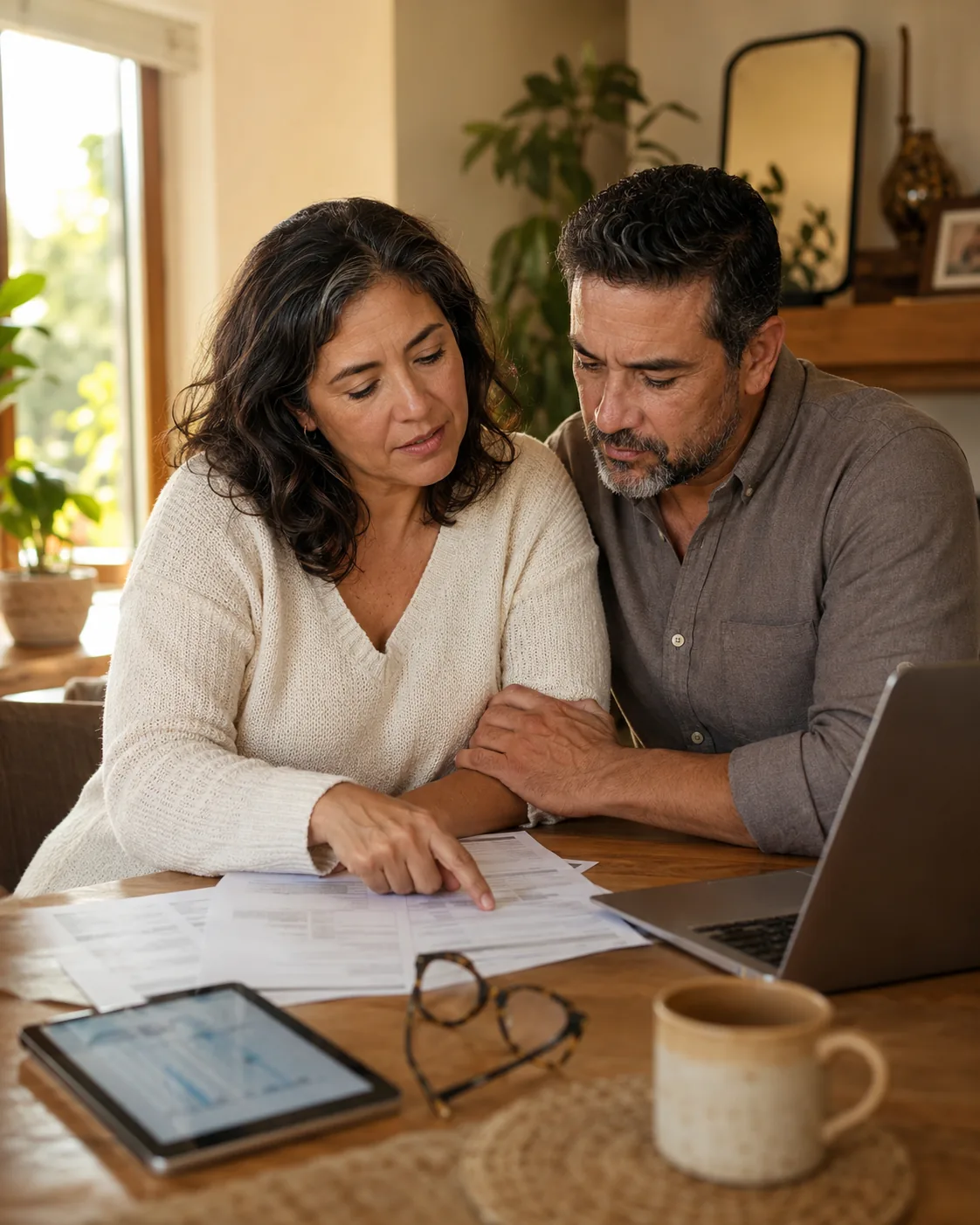 Pareja real revisando opciones de financiamiento para tratamiento de fertilidad en su hogar