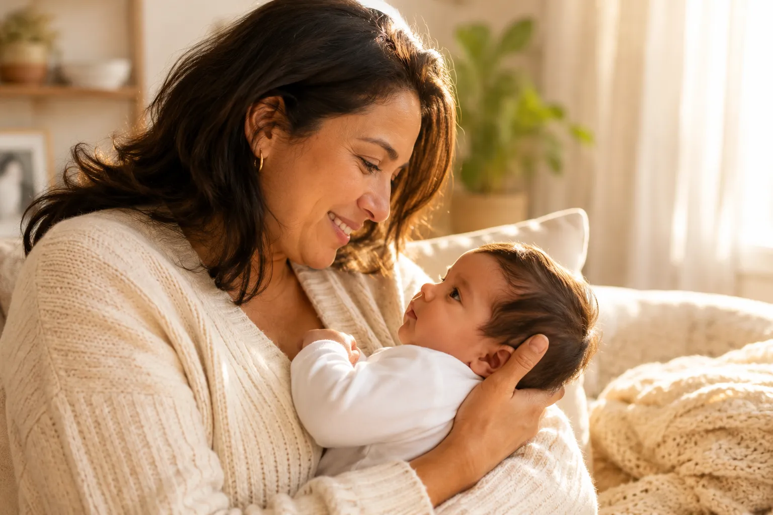 Happy mom holding her newborn baby