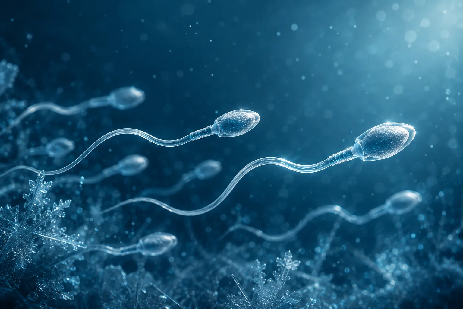 Espermatozoides humanos en render científico 3D, base de la criopreservación seminal en Ingenes
