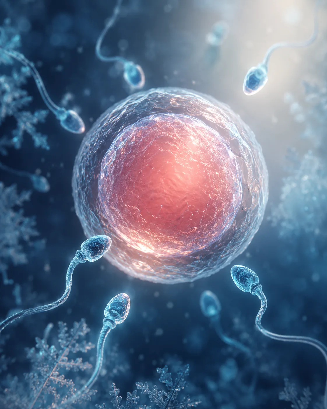 Óvulo humano y espermatozoides representados en 3D científico para preservación de fertilidad en Ingenes