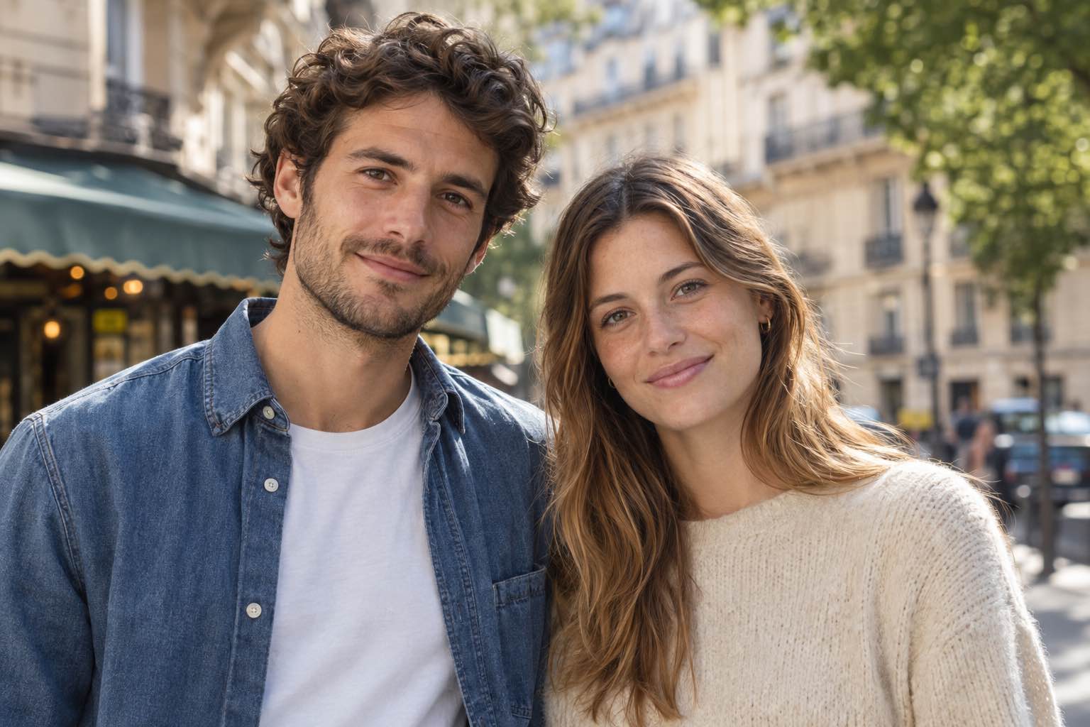 A young man and woman on a European street, like the profiles in the international catalog