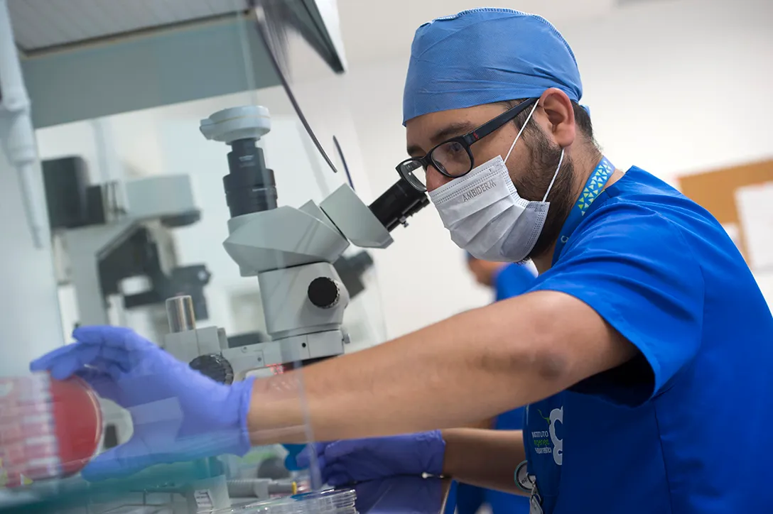 Ingenes biologist analyzing a semen sample in the laboratory under WHO standards