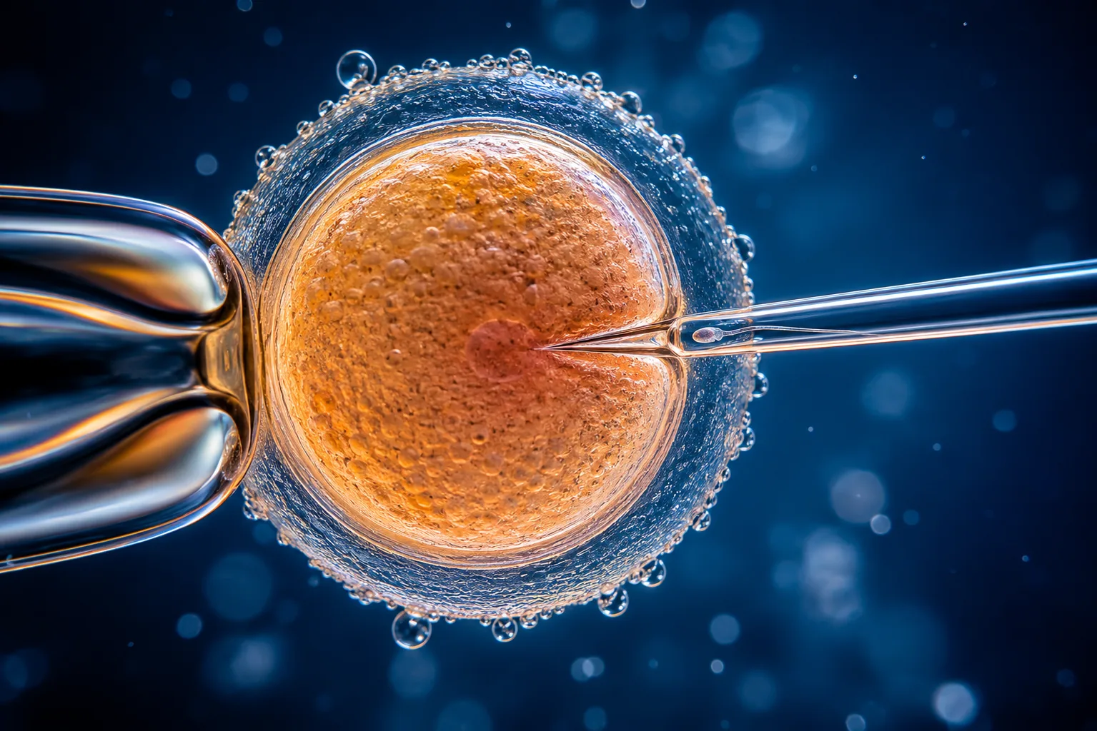 Microinyección ICSI: pipeta sostiene el óvulo mientras la aguja inyecta un espermatozoide