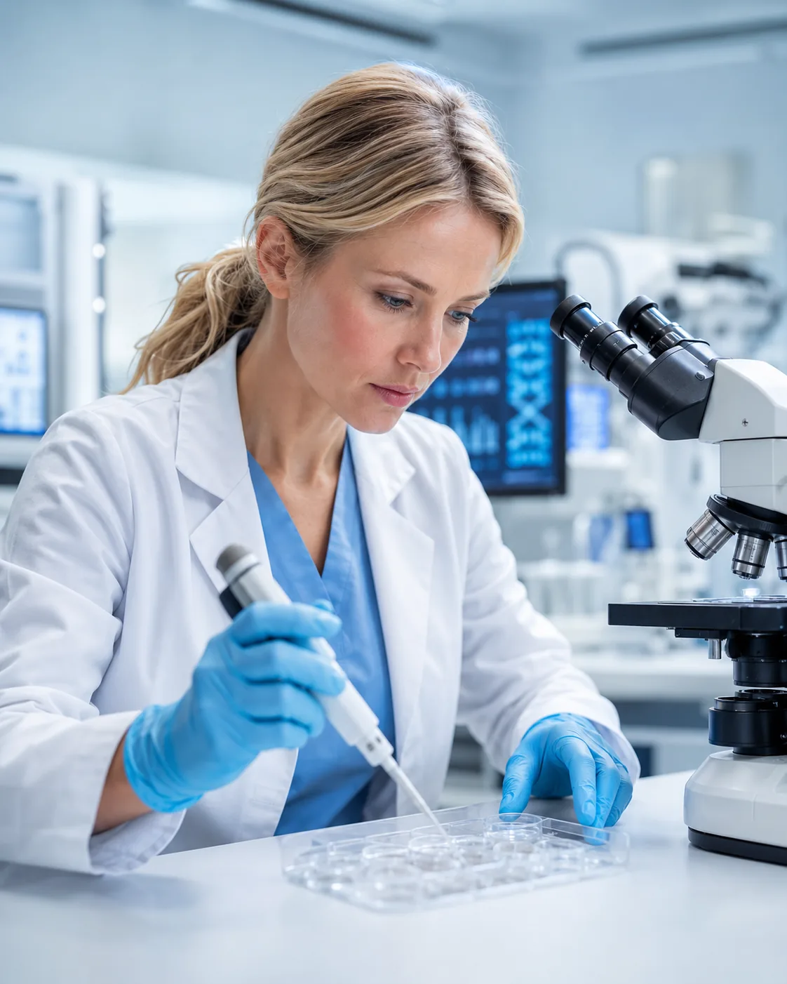 Bióloga de Ingenes procesando muestras de células de la cúmula en el laboratorio de biología molecular