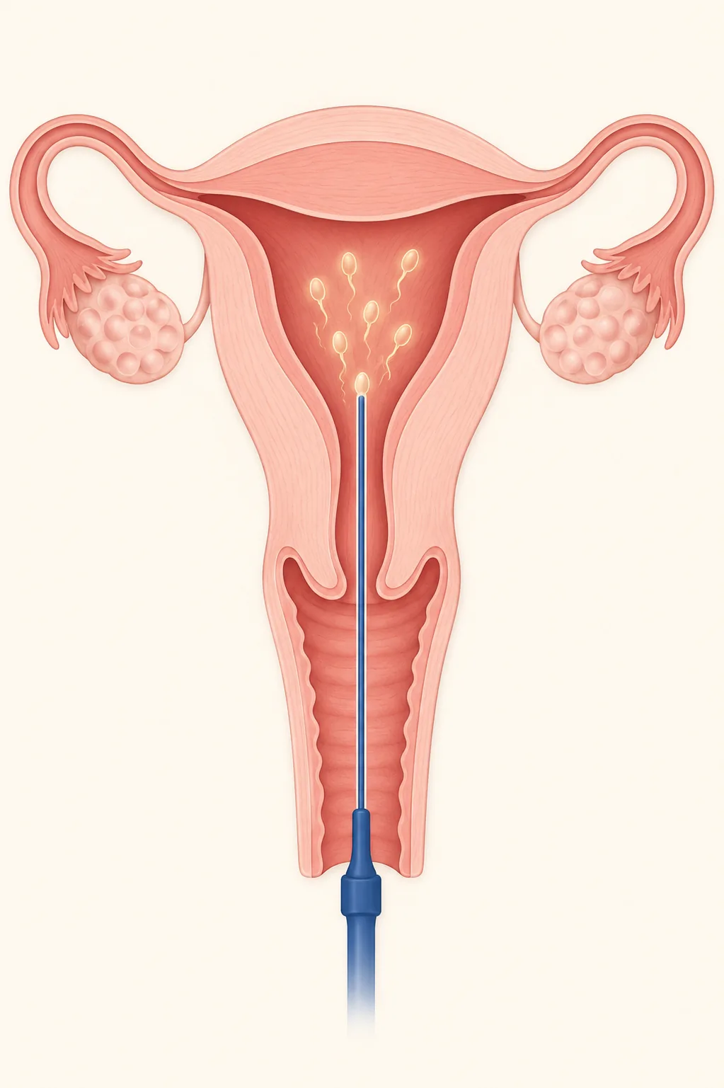 Ilustración del procedimiento de inseminación intrauterina: catéter ingresando al útero por el cuello uterino