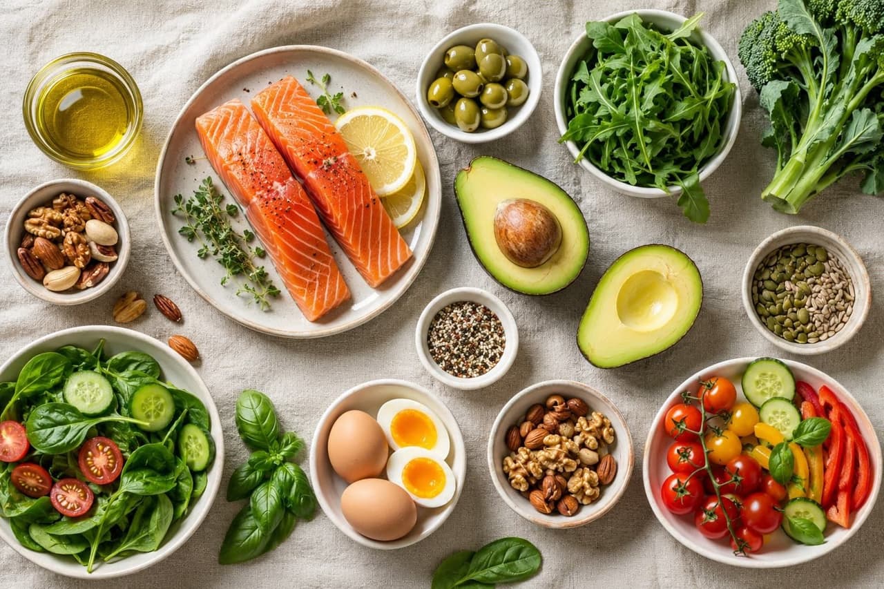 Ketogenic-diet foods: salmon, avocado, egg, leafy greens, nuts and olive oil, the basis of the nutritional intervention that corrected insulin resistance