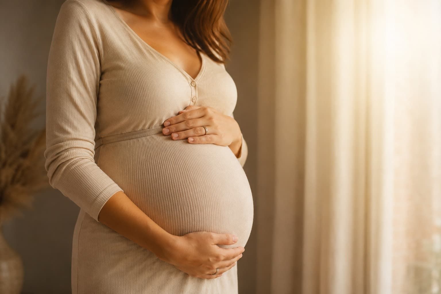 A pregnant woman cradling her belly in warm light, the outcome of the case: a healthy baby born in week 39