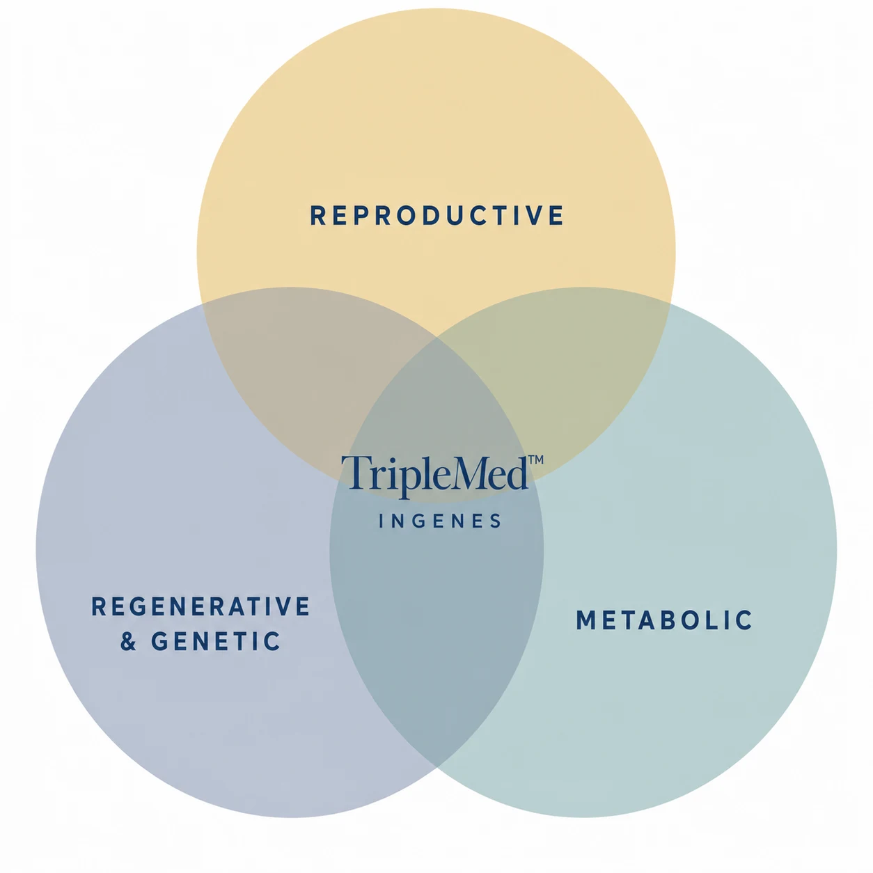 TripleMed™ diagram by Ingenes: reproductive, regenerative and genetic, and metabolic medicine converge into a single approach